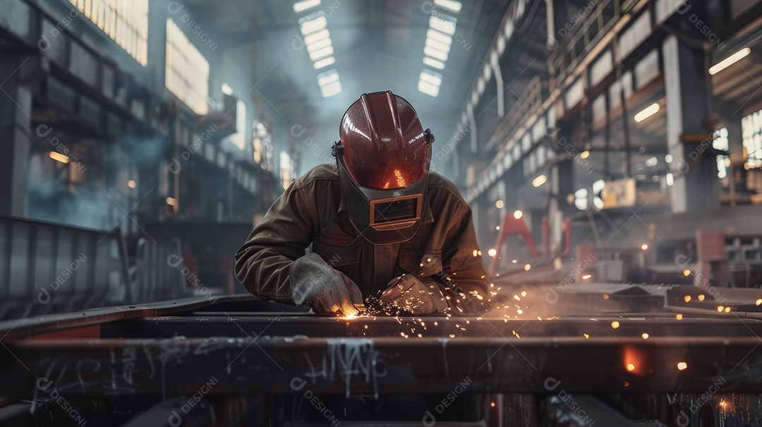 Homem trabalhando em fabrica soldando ferro