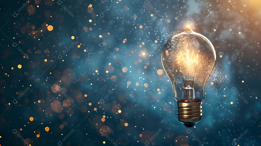 Uma lâmpada ligada com muitos brilhos laterais