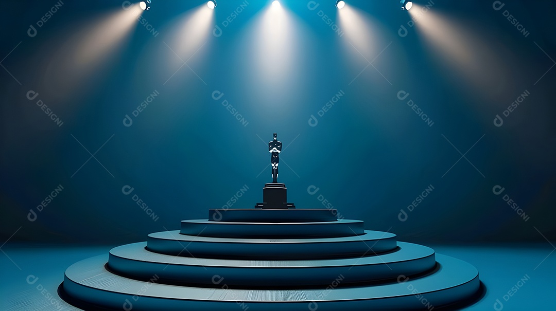 Palco com luzes azuis em um ambiente e uma estátua