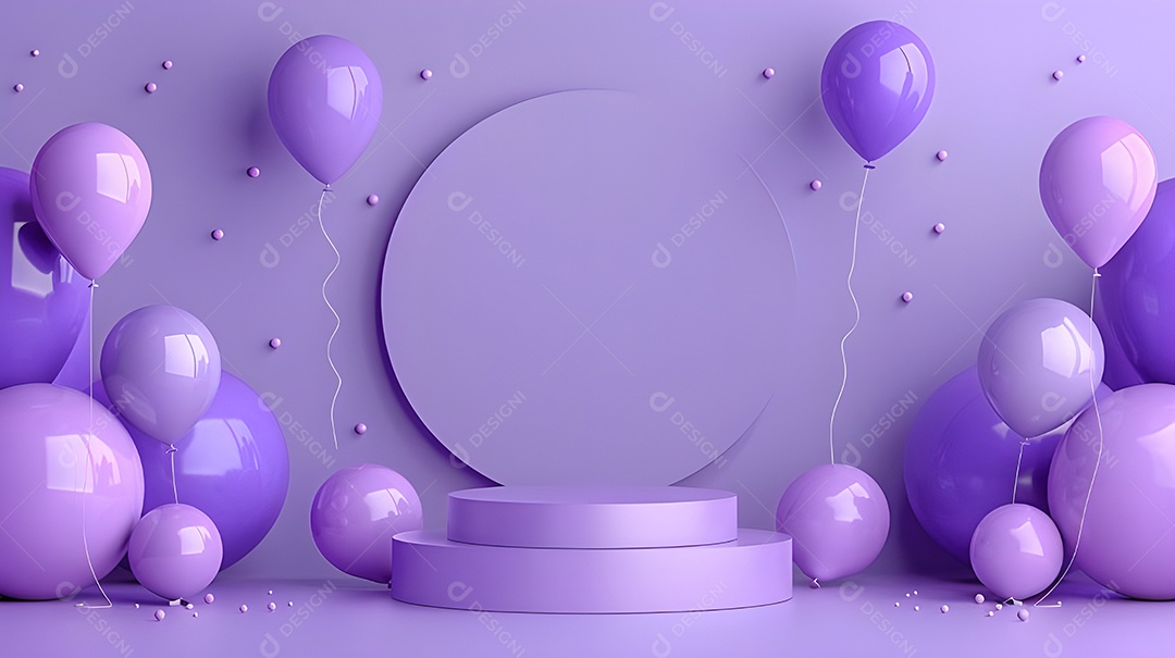 Pódio com decoração lilás de balões e perólas
