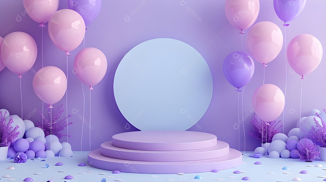 Pódio de escadas com balões e decorações de aniversário