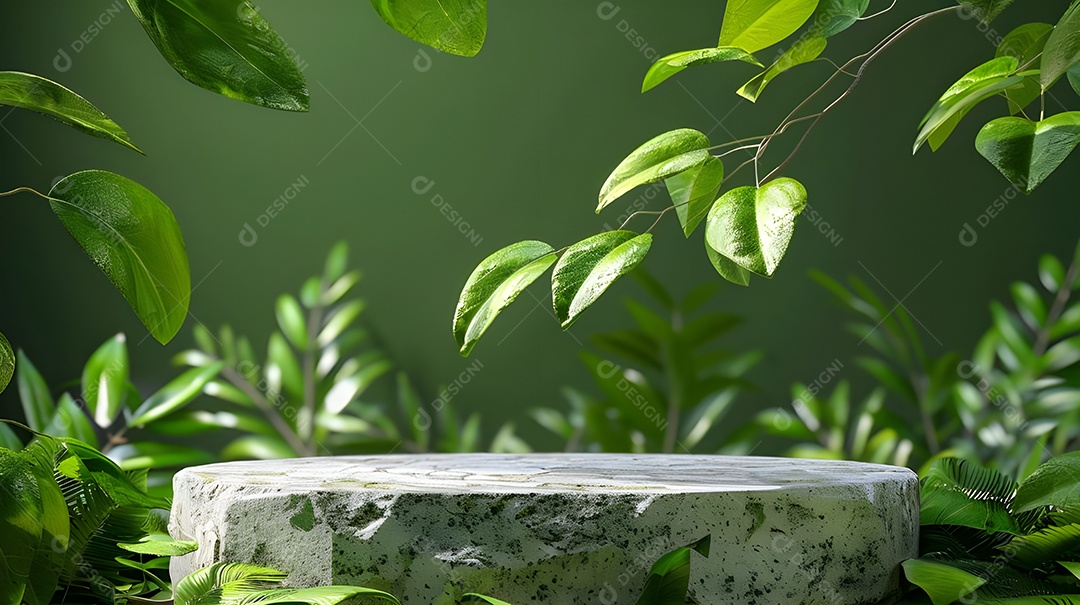 Pódio de pedra com plantas aos lados