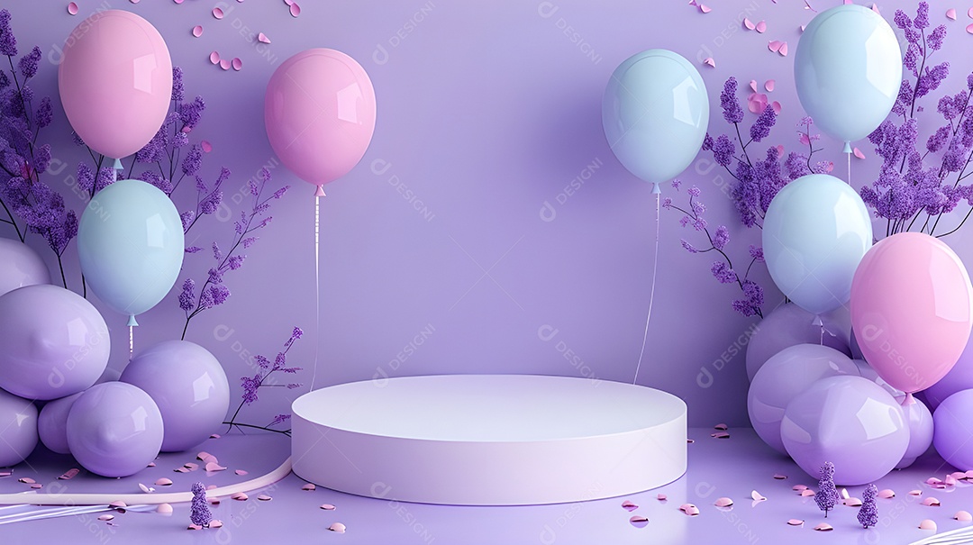 Mini pódio decorado com balões e flores