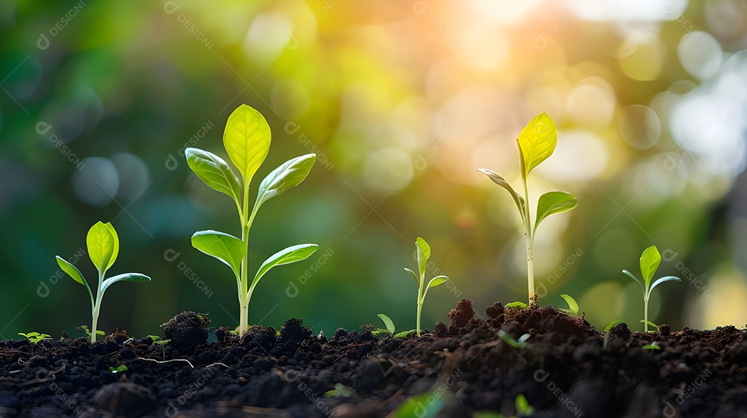 Brotos de plantinhas crescendo sobre luz solar