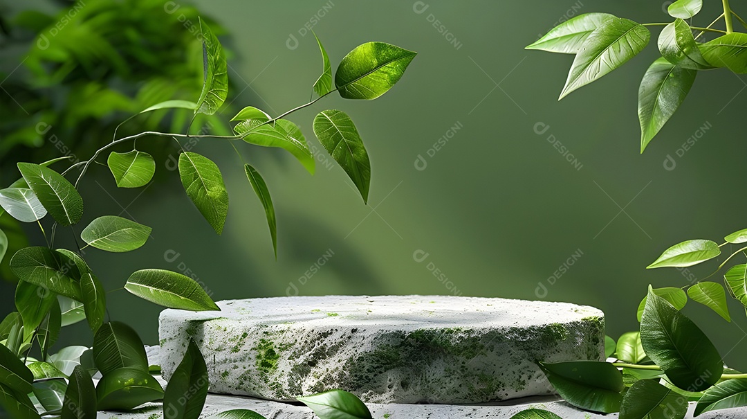 Uma pedra plana com galhos de plantas