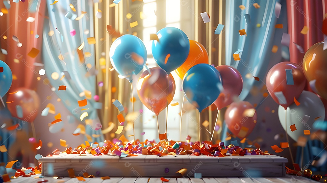 Mesa com balões e confetes coloridos