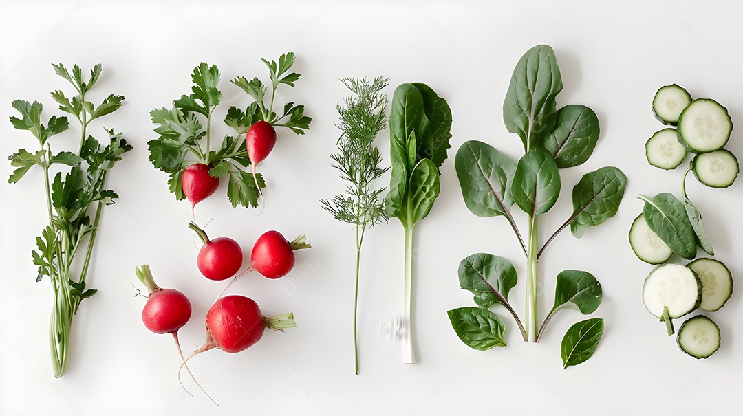 Ciuves rabanetes pepino sobre uma bancada branca