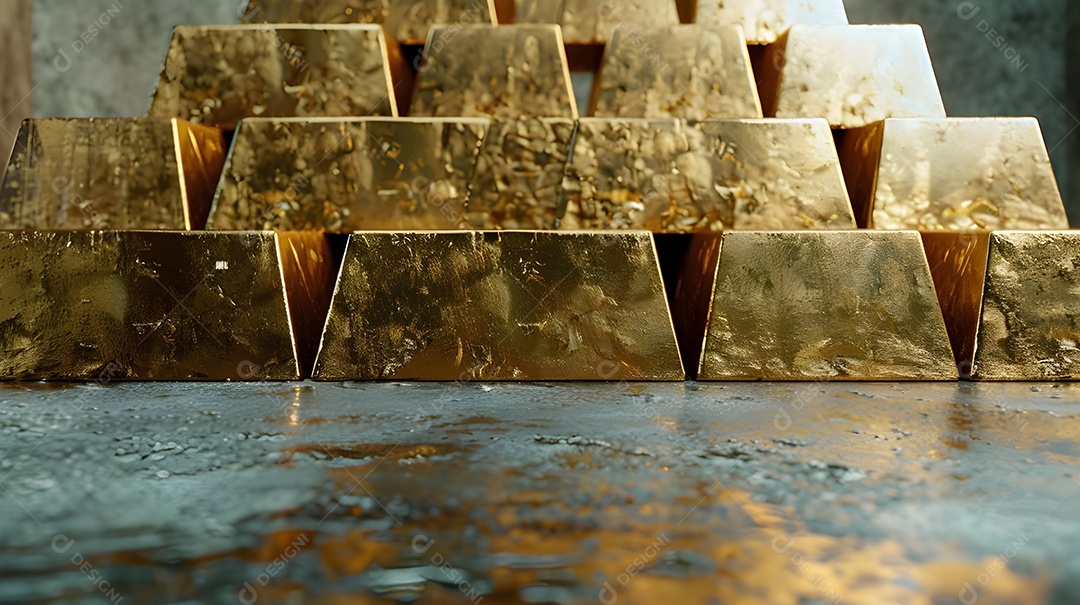 Barras de ouro juntas sobre uma bancada