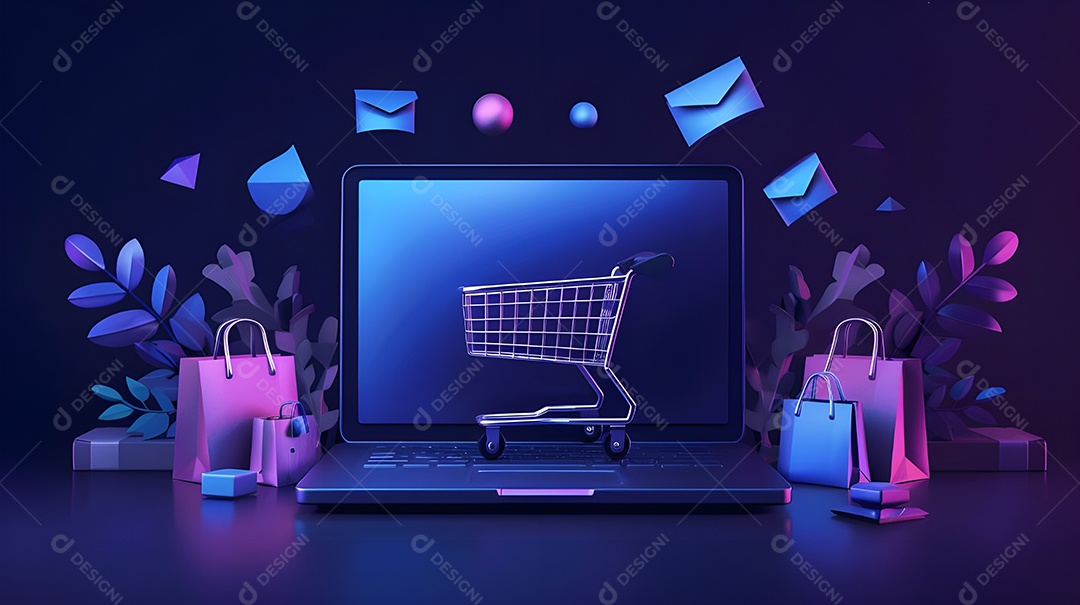 Sacolas bolsas e um carrinho de comrpa sobre um notebook