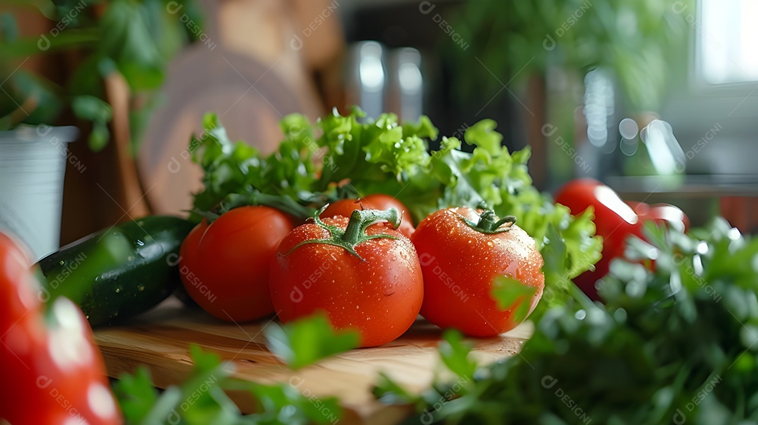 Mesa de uma cozinha cheia de legume verduras e frutas