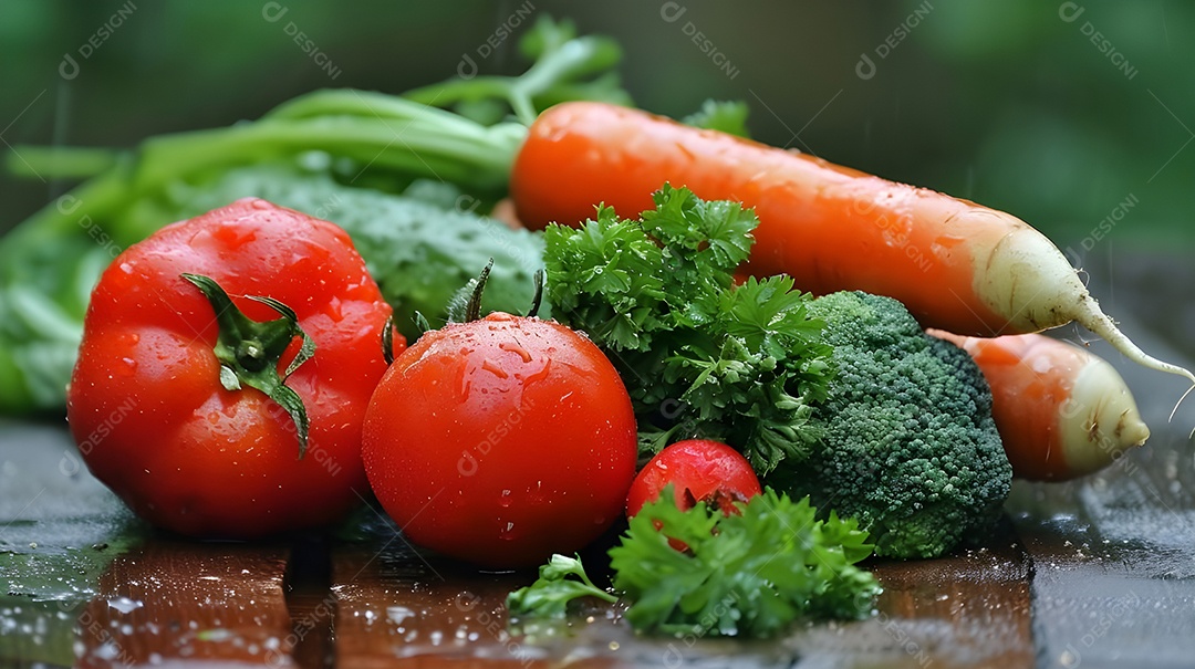 Varios legumes frutas em uma bancada