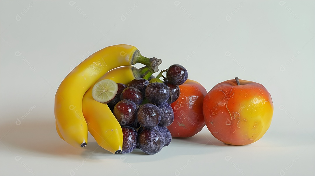 Bananas uvas e maçãs frutas frescas deliciosas sobre fundo branco