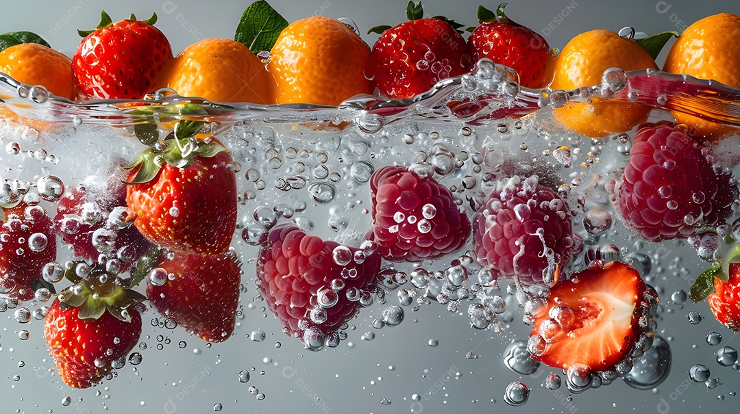 Deliciosas frutas jogada dentro da água sendo higienizada