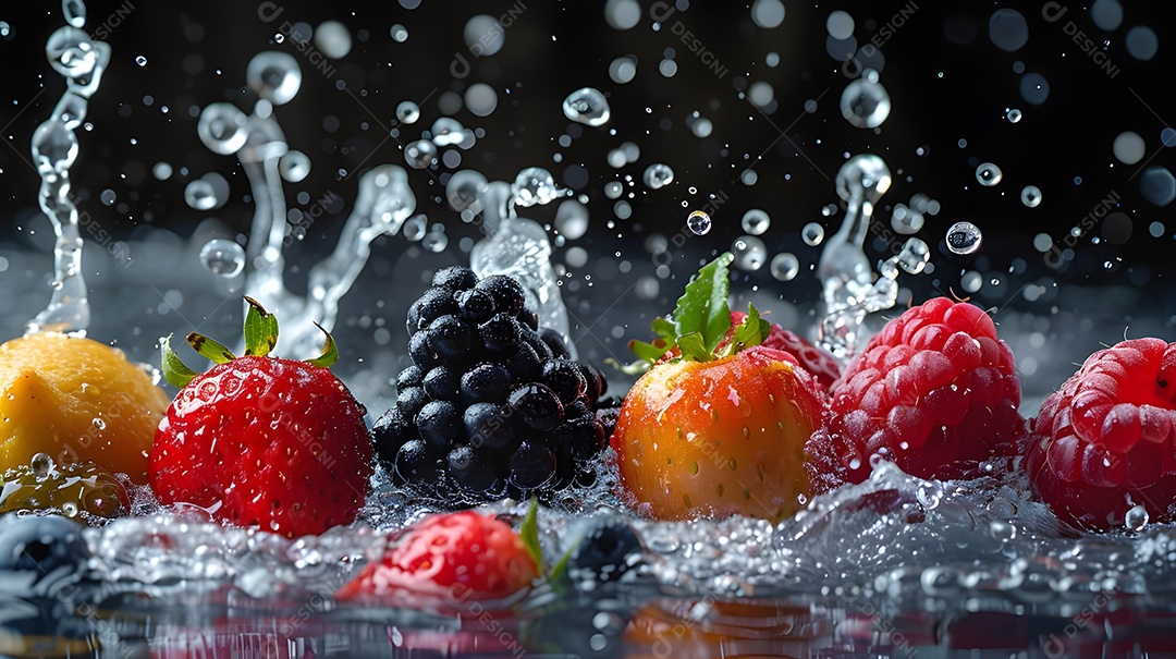 Deliciosas frutas frescas sobre uma água higienizada