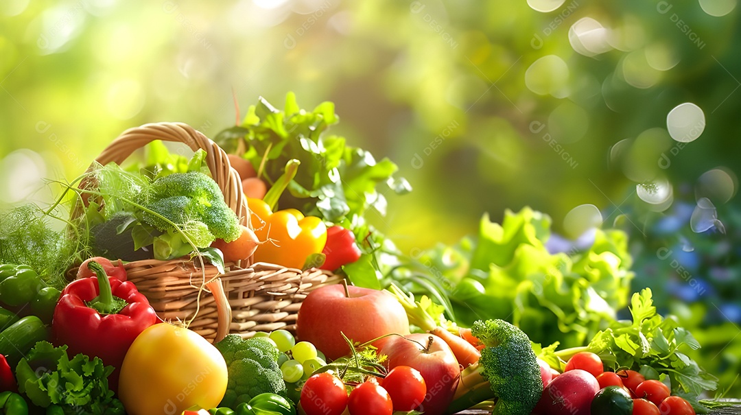 Cesta com muitas verduras frutas e legumes em uma horta