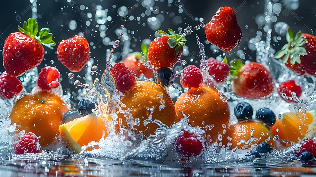 Muitas frutas sendo higienizadas em uma água