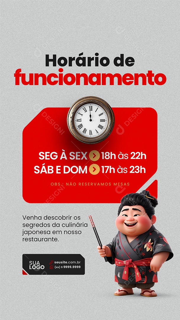 Story Comida Japonesa Sushi Horário de Funcionamento Social Media PSD Editável