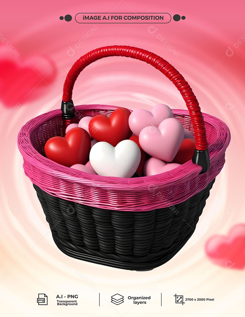 Cesta Cheia de Corações Elemento 3D para Composição PSD