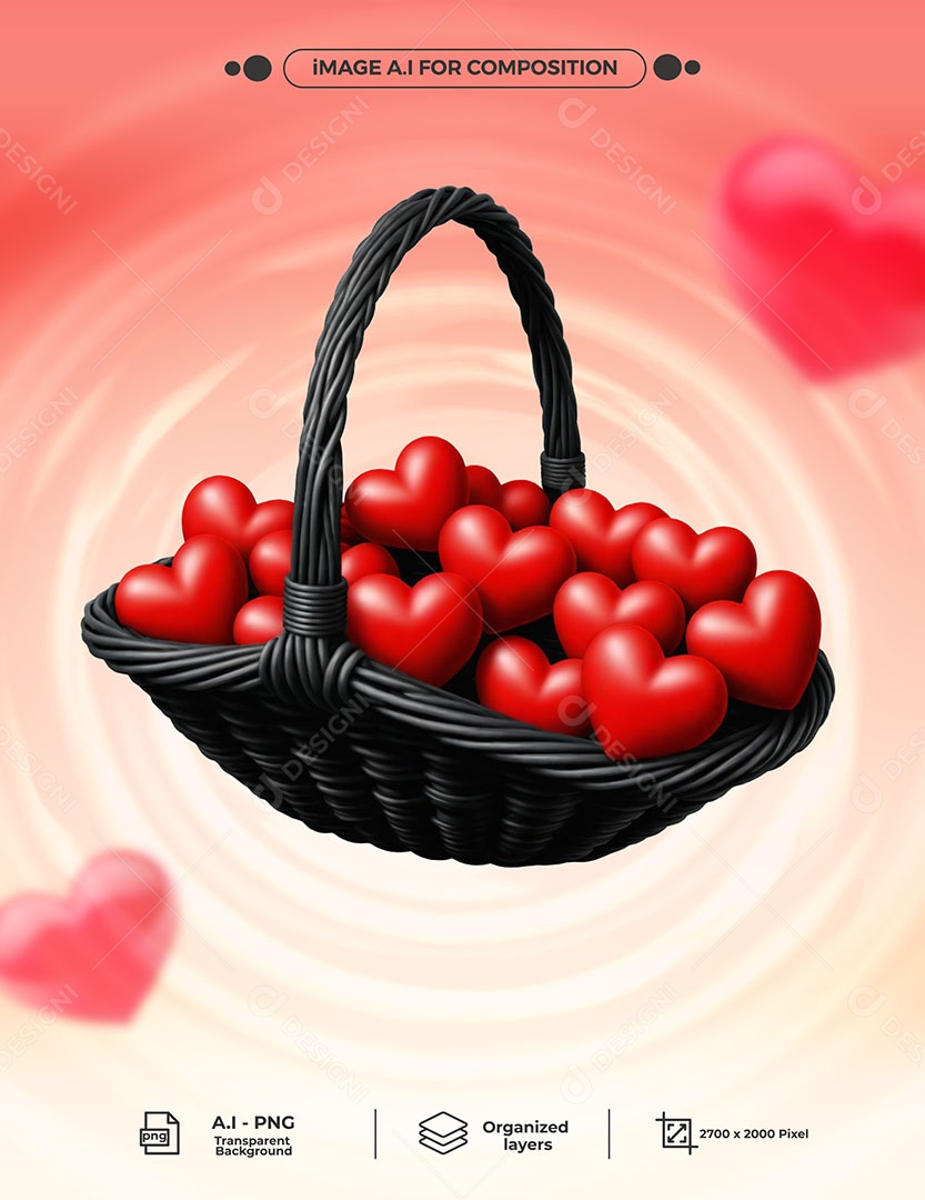Cesta com Corações Elemento 3D Preto Vermelho para Composição PSD