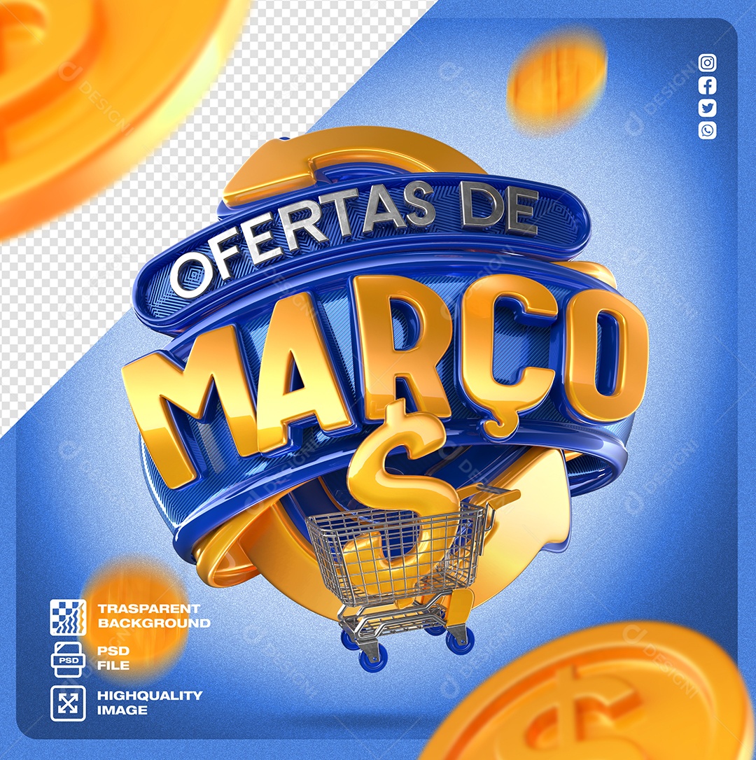 Ofertas de Março Selo 3D Dourado Azul e Cinza para Composição PSD