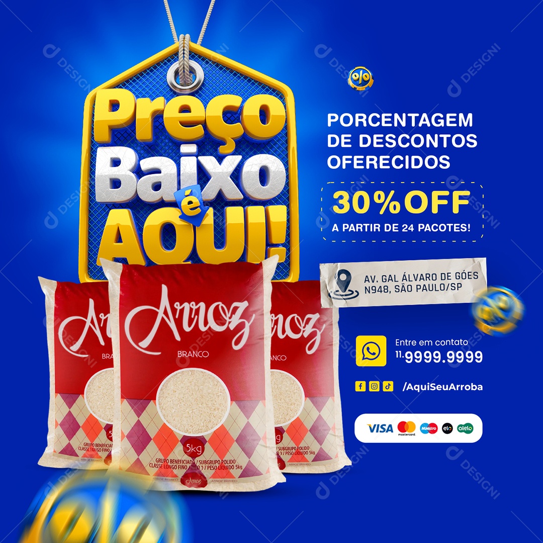 Atacadista Preço Baixo é Aqui Arroz 30% Off Social Media PSD Editável