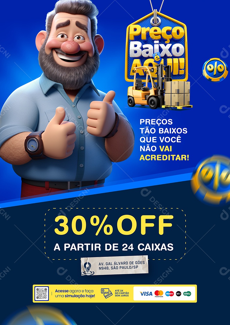 Atacadista Preço Baixo é Aqui 30% Off a Partir de 24 Caixas Social Media PSD Editável
