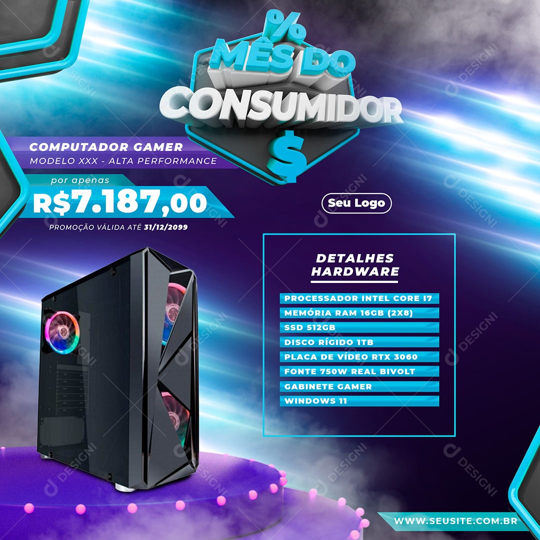 Mês do Consumidor Computador Gamer Detalhe Hardware Social Media PSD Editável