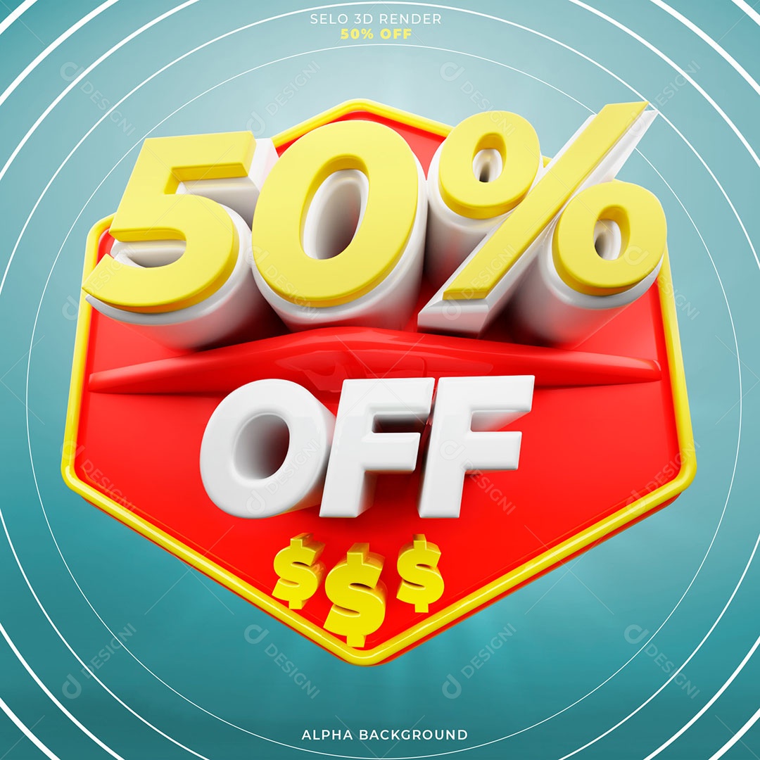 Ofertas 50% OFF Selo 3D Amarelo Vermelho para Composição PSD