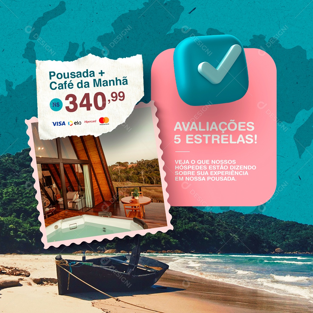Pousada Café da Manhã Avaliações Cinco Estrelas Social Media PSD Editável