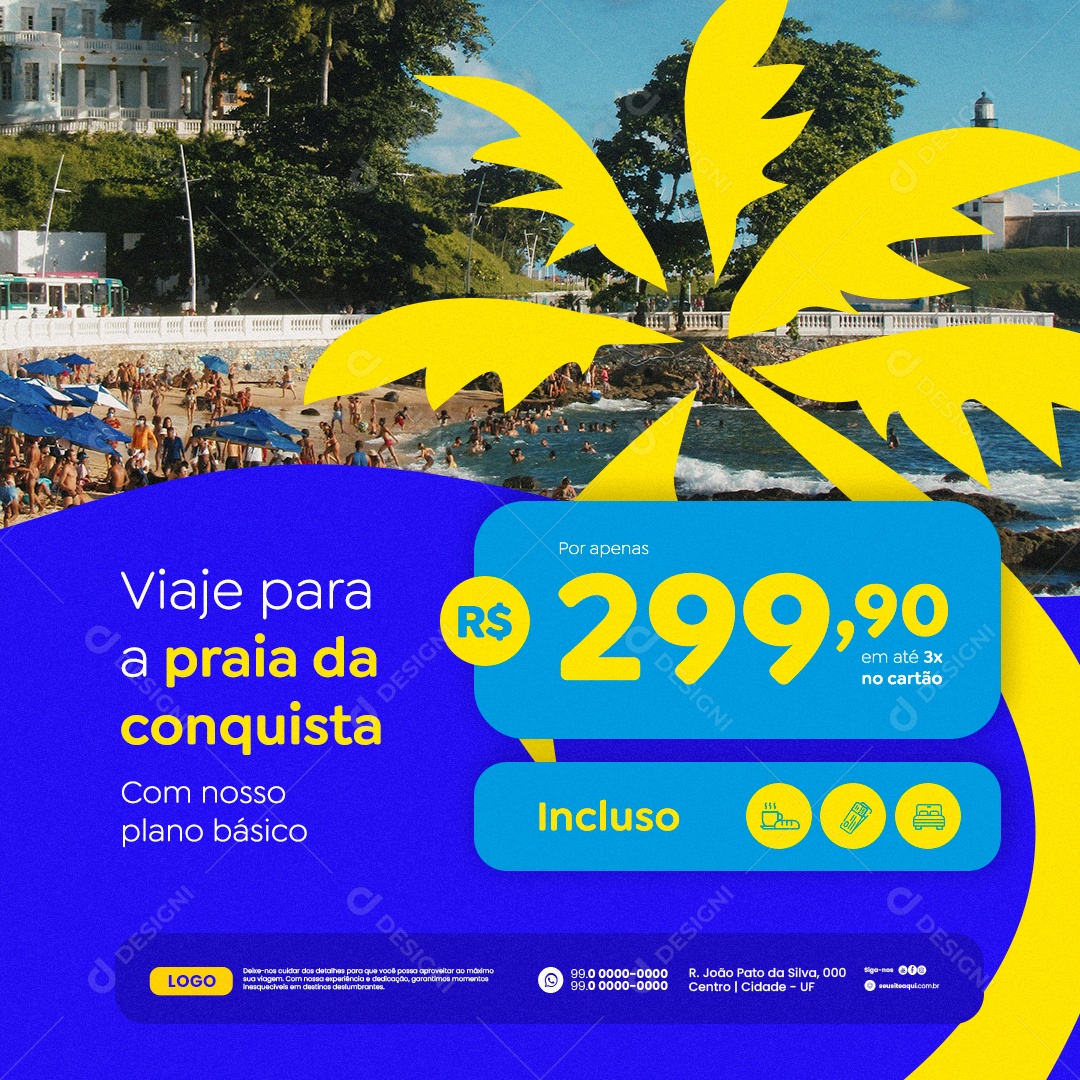 Agência de Viagens Viaje para a Praia da Conquista Social Media PSD Editável