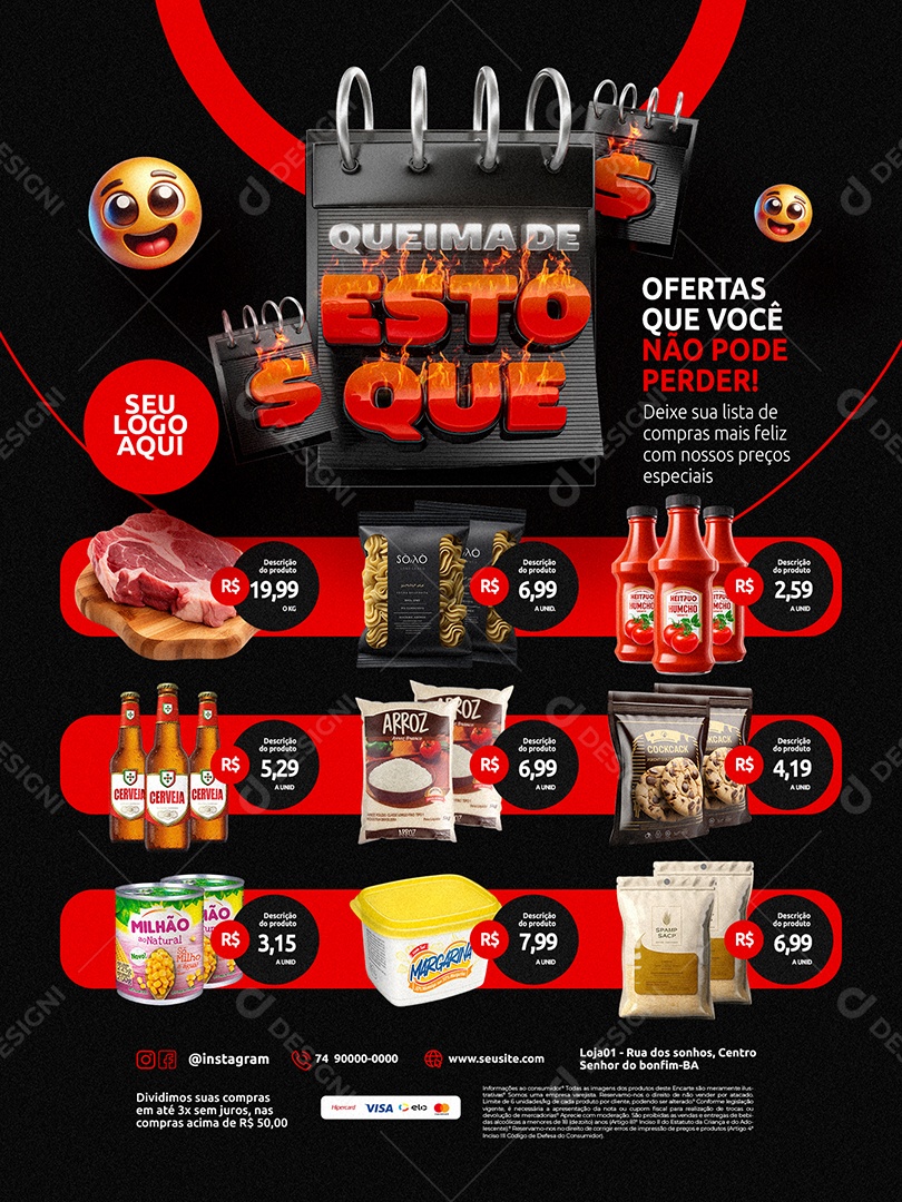 Queima de Estoque Supermercado Encarte Macarrão Carne Social Media PSD Editável