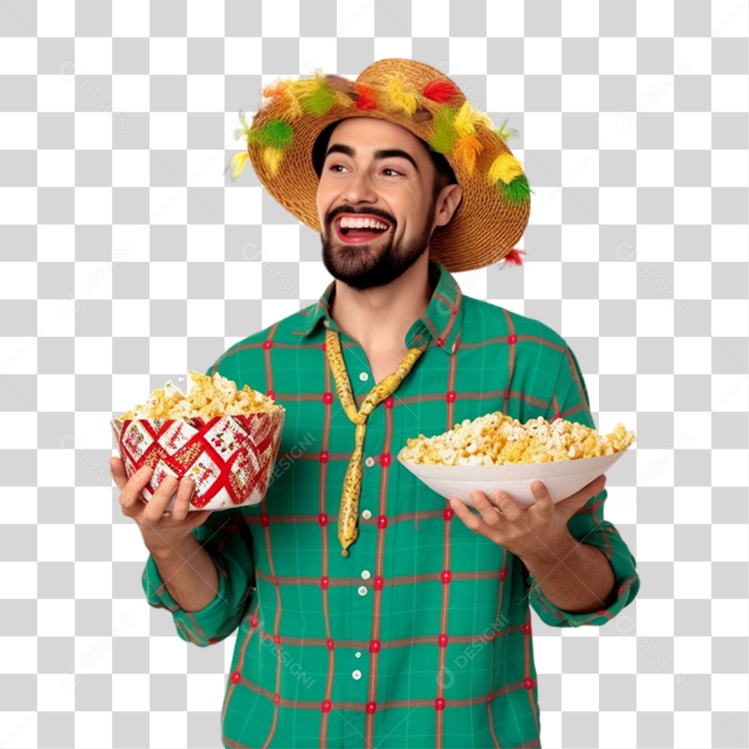 Homem com Roupa de Festa Junina e Pipoca nas Mãos PNG Transparente