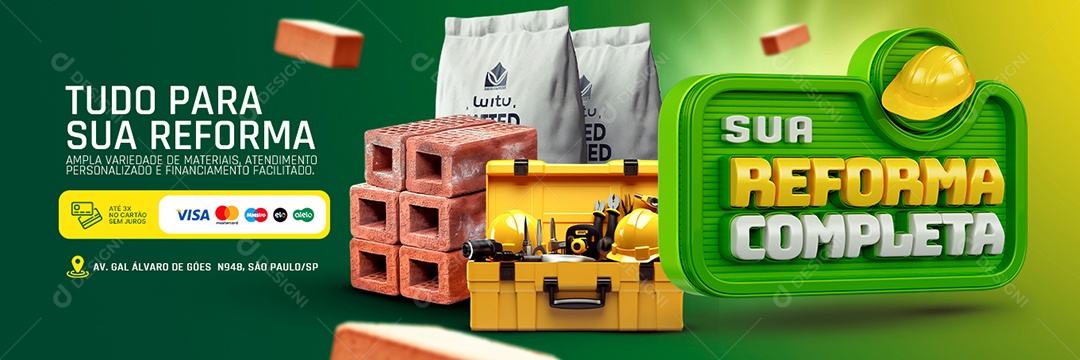 Banner Materiais para Construção Sua Reforma Completa Tijolo Social Media PSD Editável