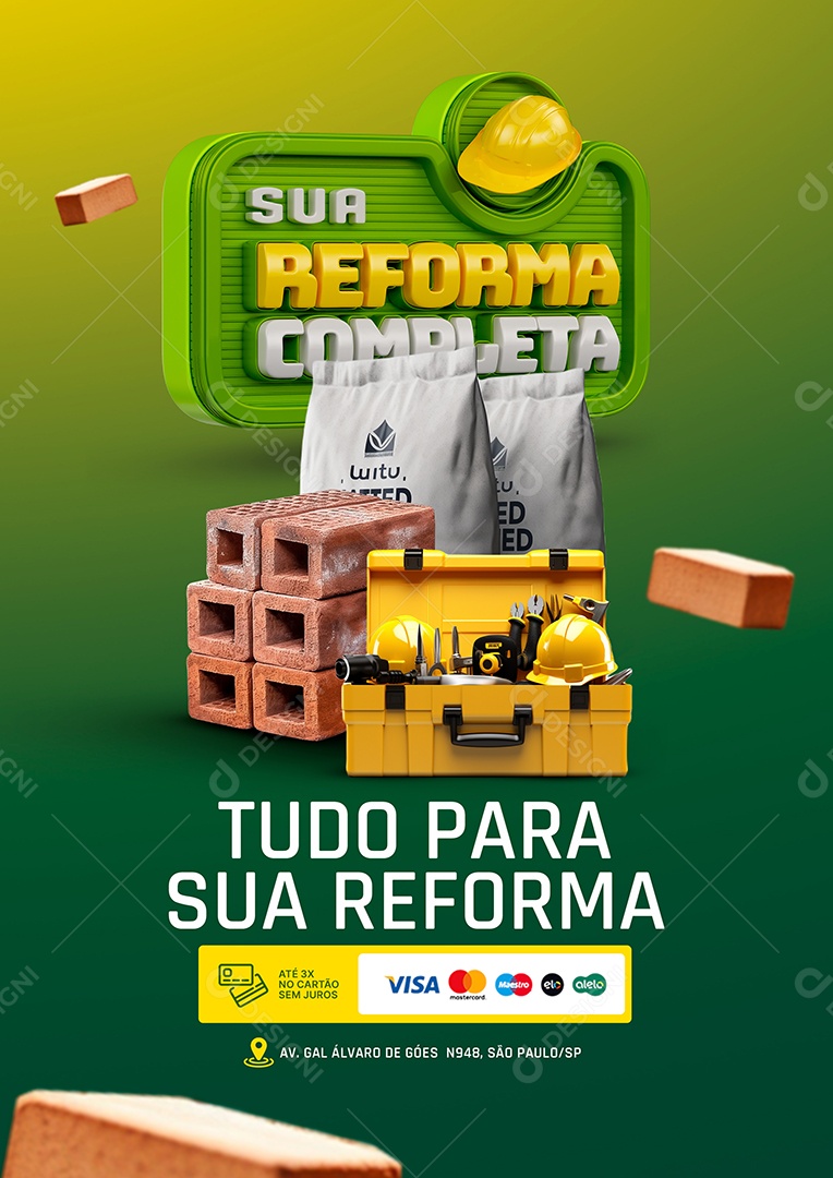 Materiais para Construção Sua Reforma Completa Tijolo Ferramentas Social Media PSD Editável
