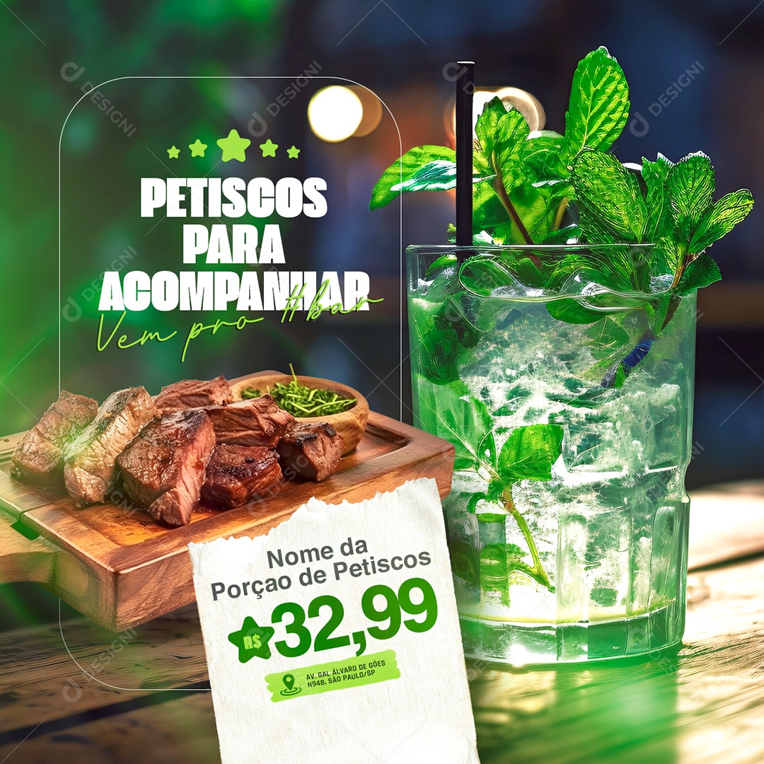 Bebidas Petiscos para Acompanhar Porção de Petiscos Vem pro Bar Social Media PSD Editável