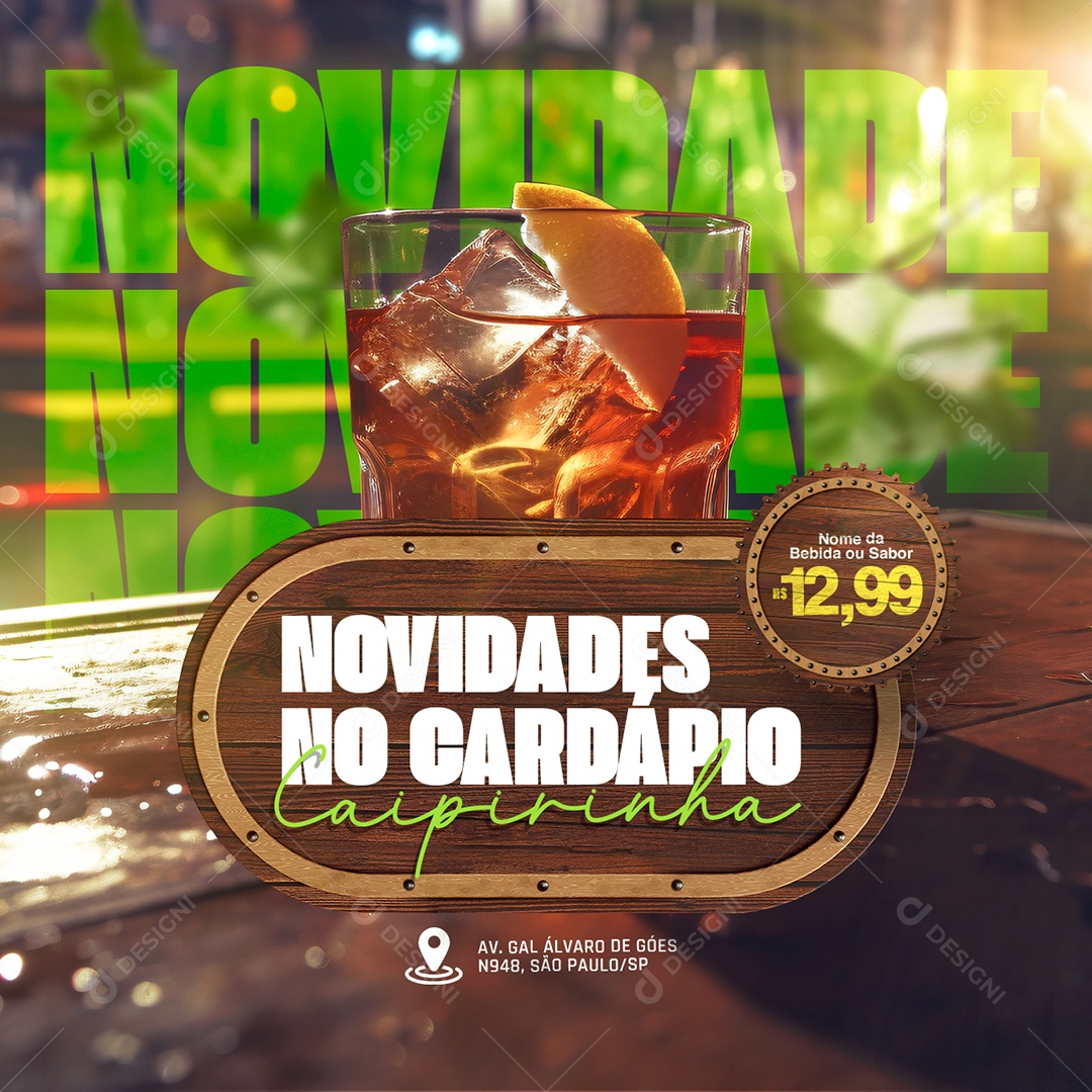 Bebidas Novidades no Cardápio Caipirinha Social Media PSD Editável