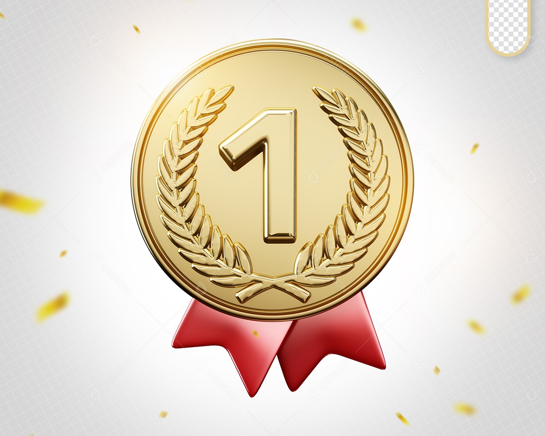Medalha de Ouro Primeiro Lugar Elemento 3D para Composição PSD