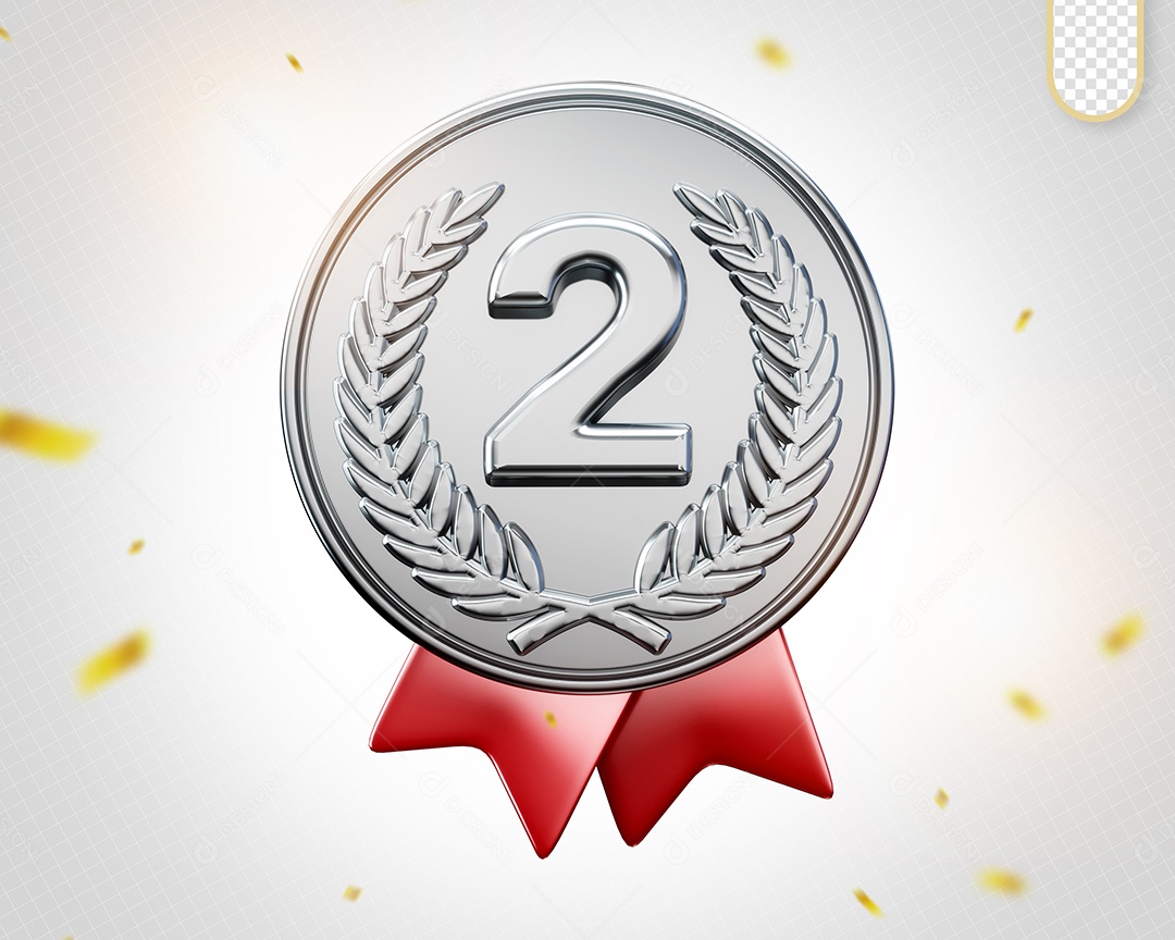 Medalha de Prata Segundo Lugar Elemento 3D para Composição PSD