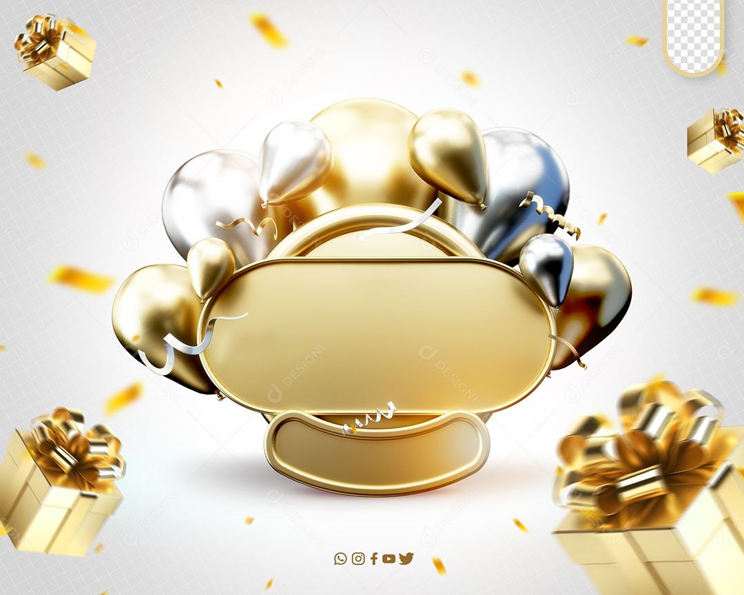 Painel 3D Festas de Aniversário Dourado Elemento para Composição PSD
