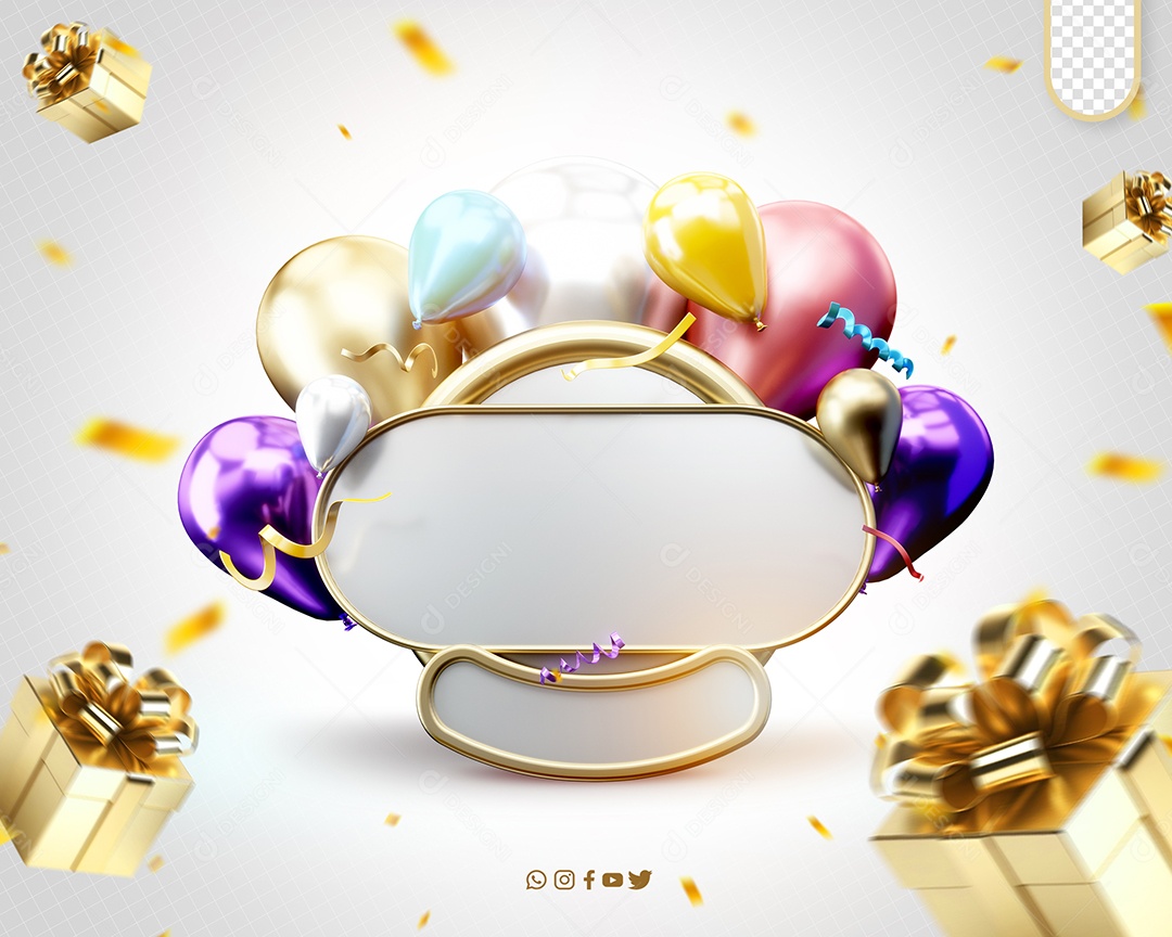 Painel 3D Festas de Aniversário Dourado e Branco Elemento para Composição PSD