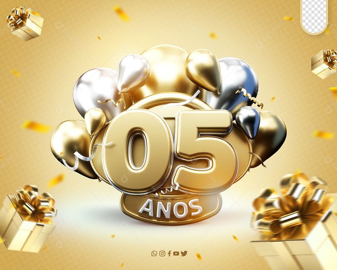 Aniversário de 05 Anos Selo 3D Dourado e Branco para Composição PSD