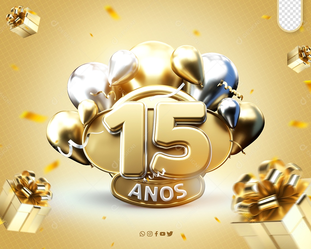 Aniversário de 15 Anos Selo 3D Dourado e Branco para Composição PSD