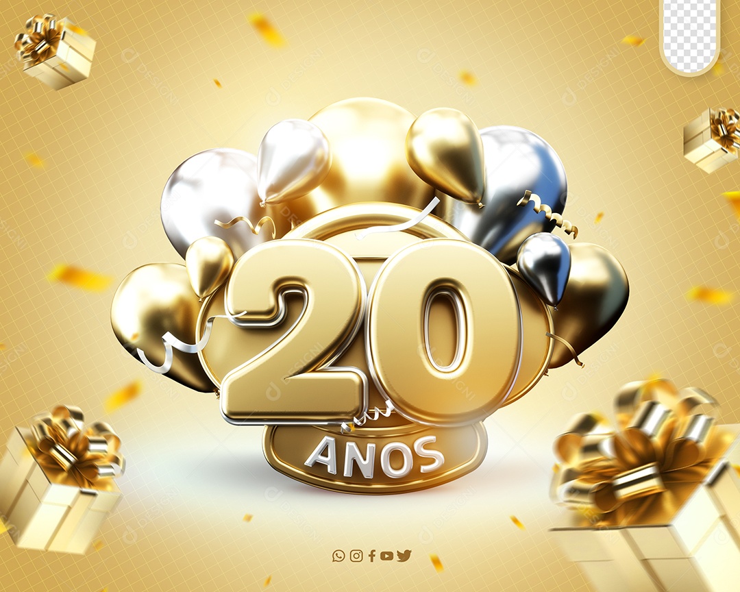 Aniversário de 20 Anos Selo 3D Dourado e Branco para Composição PSD