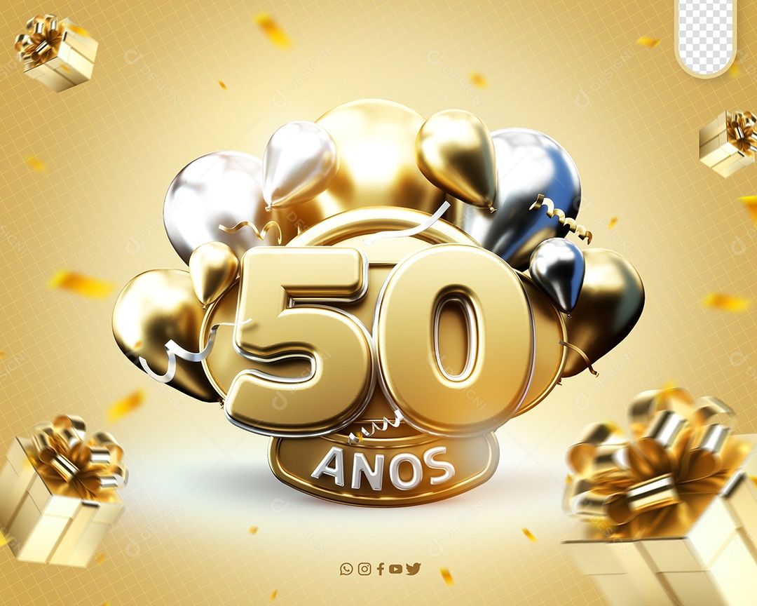 Aniversário de 50 Anos Selo 3D Dourado e Branco para Composição PSD