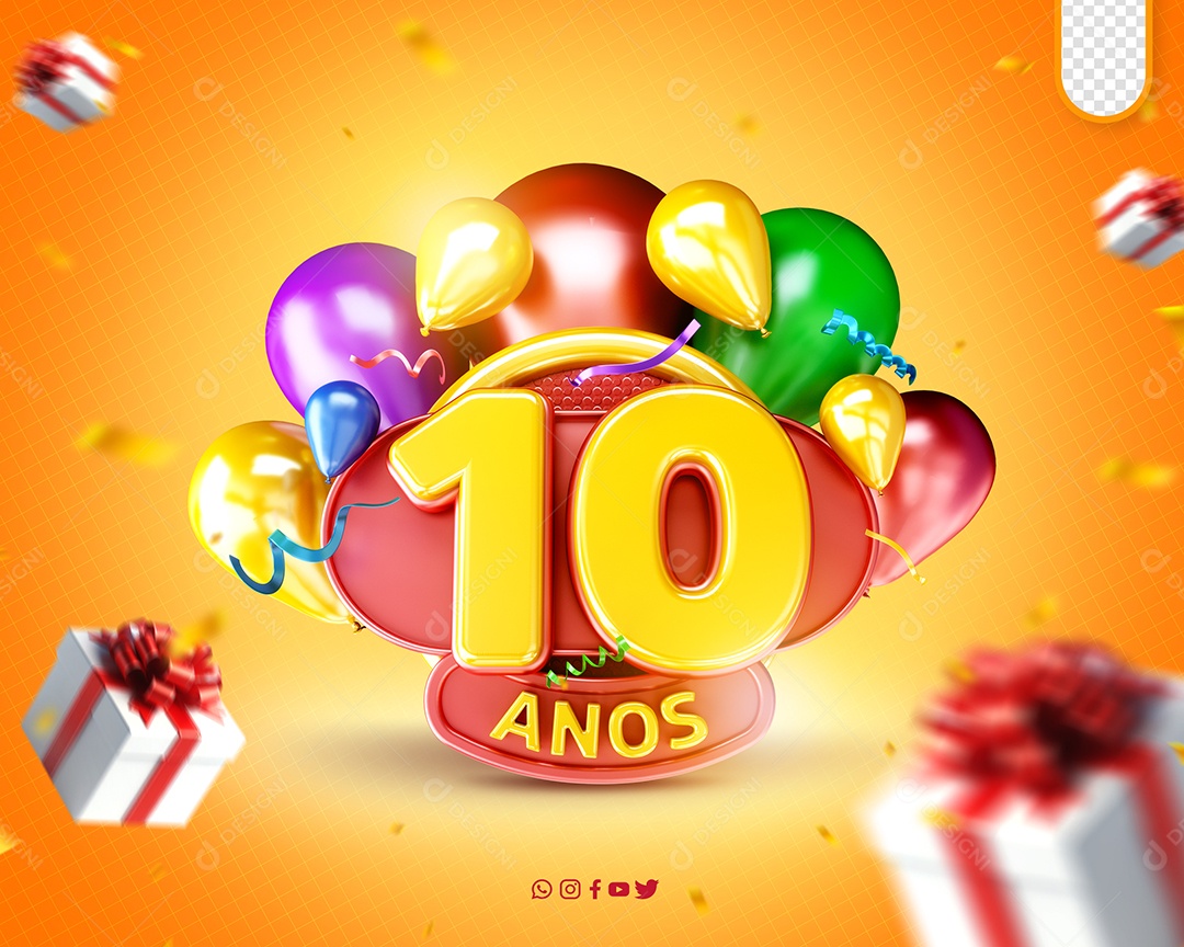 Aniversário de 10 Anos Selo 3D Colorido para Composição PSD