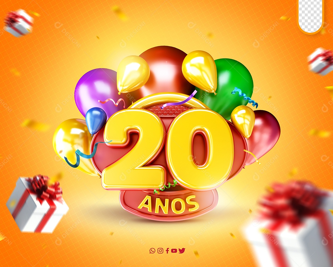 Aniversário de 20 Anos Selo 3D Colorido para Composição PSD