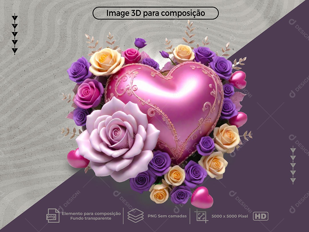 Coração com Flores Elemento 3D para Composição PSD