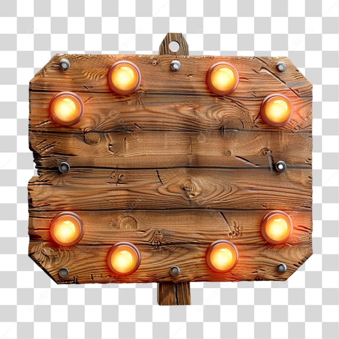 Placa de Madeira com Lâmpadas de Luz Elemento 3D para Composição PNG Transparente