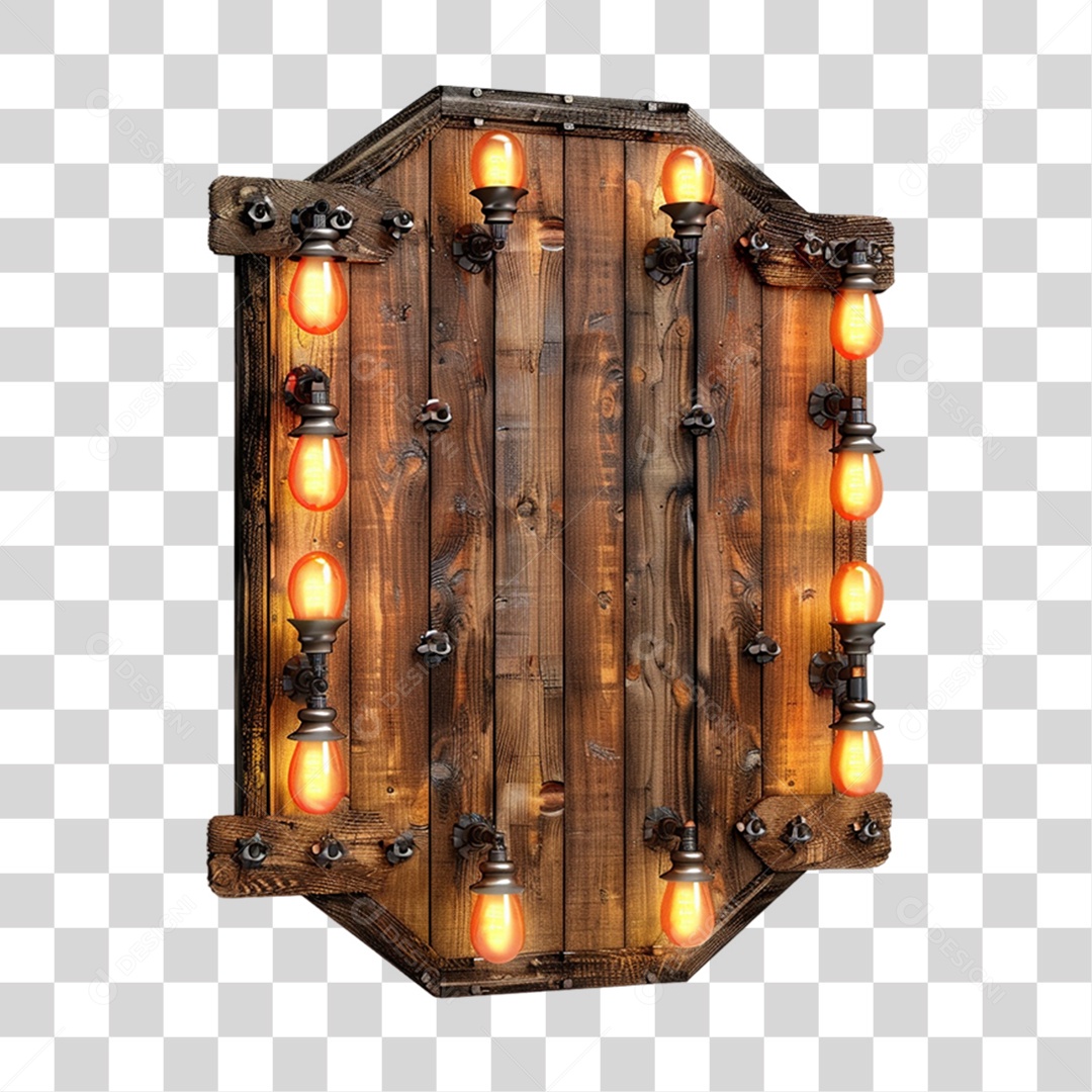 Placa de Madeira com Lâmpadas de Luz Elemento 3D para Composição PNG Transparente