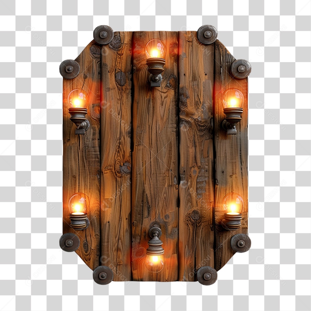 Placa de Madeira com Lâmpadas de Luz Elemento 3D para Composição PNG Transparente